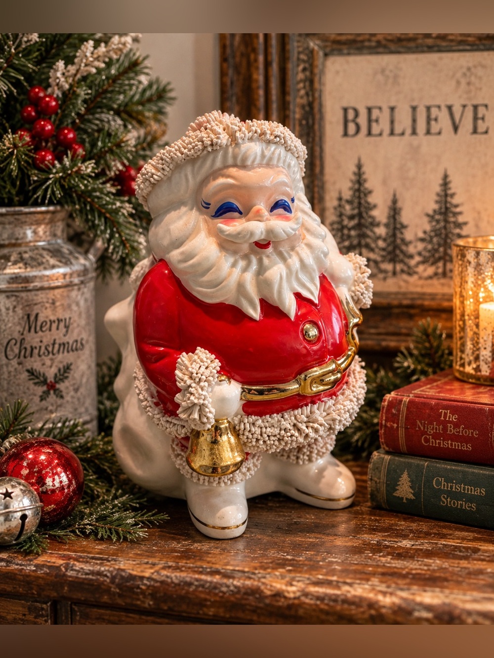 Vintage Santa International Ceramic Santa Coin Bank Spaghetti Trim Japan Christm